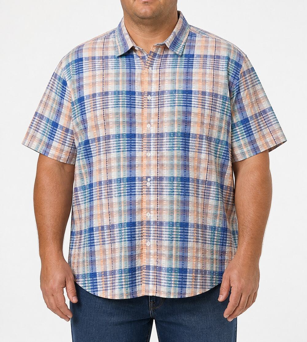 HB Harbor Bay Shirt Mens 2XL Blue White Plaid Seersucker Short Sleeve Cool & Dry